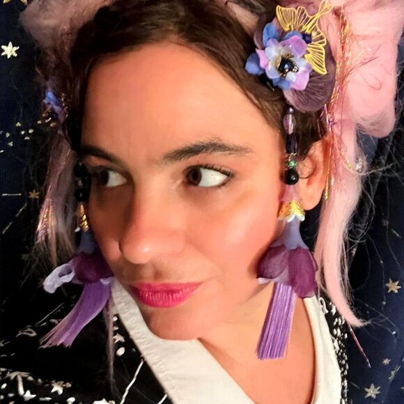 Artist Made MYSTICAL Purple Blue Party Festival Flower Hair Decor Clip Tassel - Picture 2 of 8